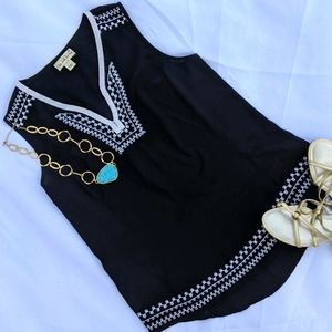 Live and Let Live Tunic Tank Top Black White Embroidery Trim Rayon Med Boho